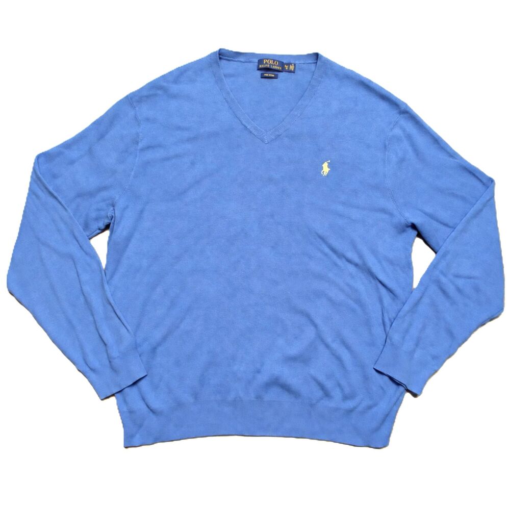 Polo Ralph Lauren Men's XL Blue Pima Cotton V-Neck Sweater Long Sleeve Pony Logo